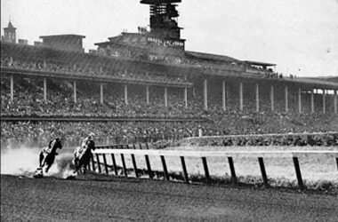 Nashua (right) and Swaps round the first turn at the Washington Park Racetrack during their historic match race. (Provided photo/Homewood Historical Society)