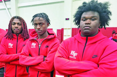 H-F wrestlers (from left) Henry Grant, Roan Dukes and Idris Akeeb are the only seniors on a Vikings team that feels like its a program with a solid foundation. (David P. Funk/H-F Chronicle)