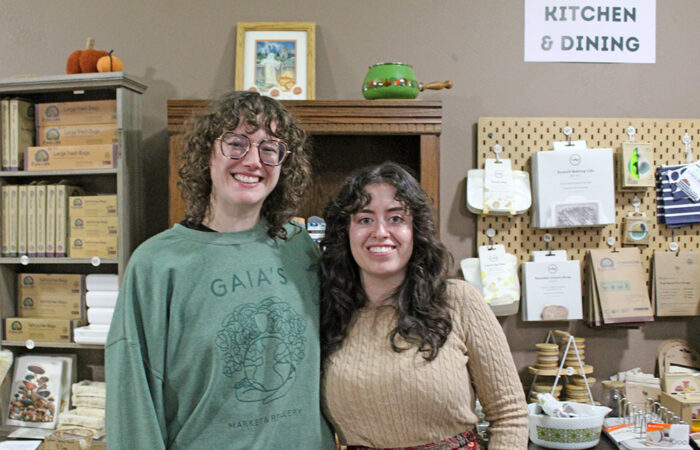 Gaia’s Market & Refillery owner Sarah Tozer, left, and artist Sarah Wiener led the upcycling workshop at the Homewood store. (Nuha Abdessalam/H-F Chronicle)