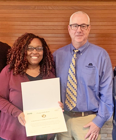 Homewood-Flossmoor Park District received Illinois Distinguished Accredited Agency recognition from the Illinois Association of Park Districts and the Illinois Park and Recreation Association. Accepting the honor are Oralethea Davenport, Homewood-Flossmoor Park District Irwin Center manager, and Doug Boehm, the park district's executive director. (Provided photo)