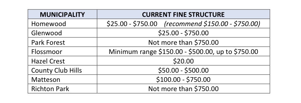 A regional comparison chart depicting fine structures for pets at large that compares Homewood to other neighboring communities. (Provided Photo)