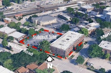 A view of the area that includes the Martin Avenue rezoning request from the B-1 to the B-2 district outlined in red. (Provided Photo)