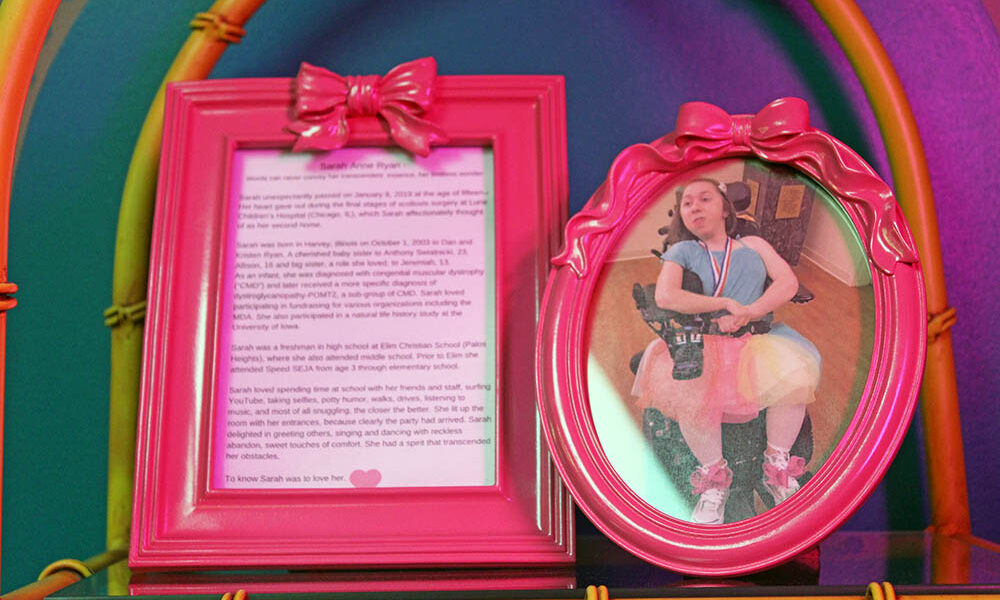 A photo of Sarah Ryan and a short biography sit inside the shoe room. The program is named in her honor with support from her family’s foundation. (Nuha Abdessalam/H-F Chronicle)