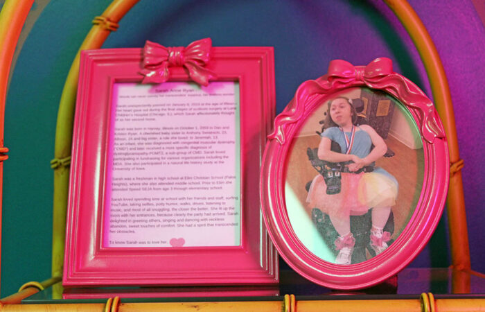 A photo of Sarah Ryan and a short biography sit inside the shoe room. The program is named in her honor with support from her family’s foundation. (Nuha Abdessalam/H-F Chronicle)