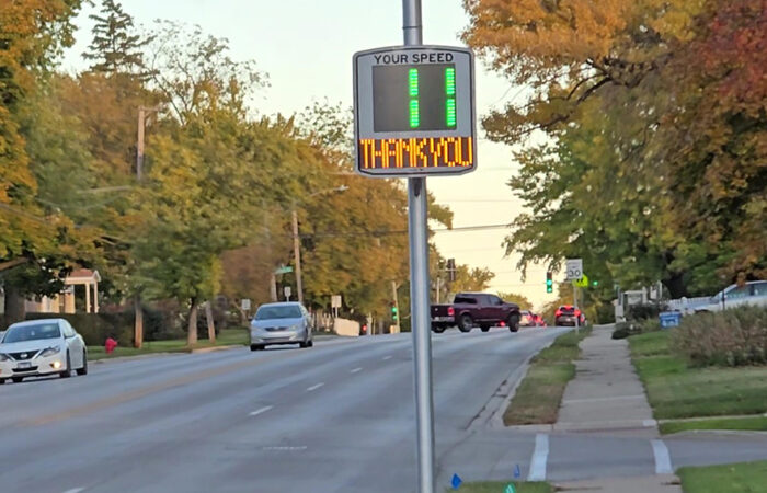 The thank you message from the new speed beacon on eastbound 183rd Street sends a message of gratitude to people traveling under the speed limit, in this case, by bike. (Eric Crump/H-F Chronicle)
