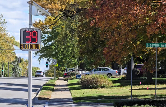A vehicle approaching the new speed beacon in the eastbound lane of 183rd Street near Gladville Avenue gets a "slow down" message for exceeding the speed limit by 9 mph. (Eric Crump/H-F Chronicle)