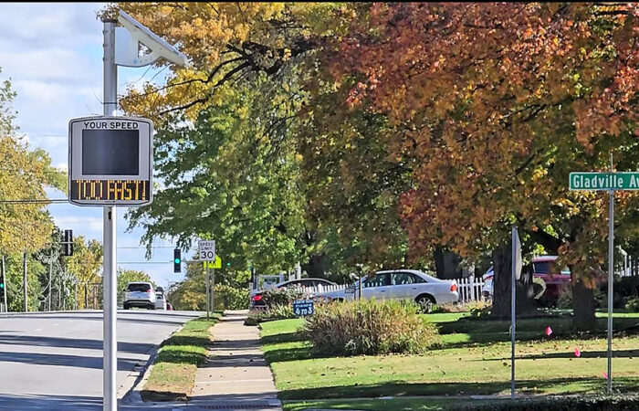 When drivers exceed 41 mph, the new speed beacons on 183rd Street do not display the speed but the message changes to "too fast!" (Eric Crump/H-F Chronicle)