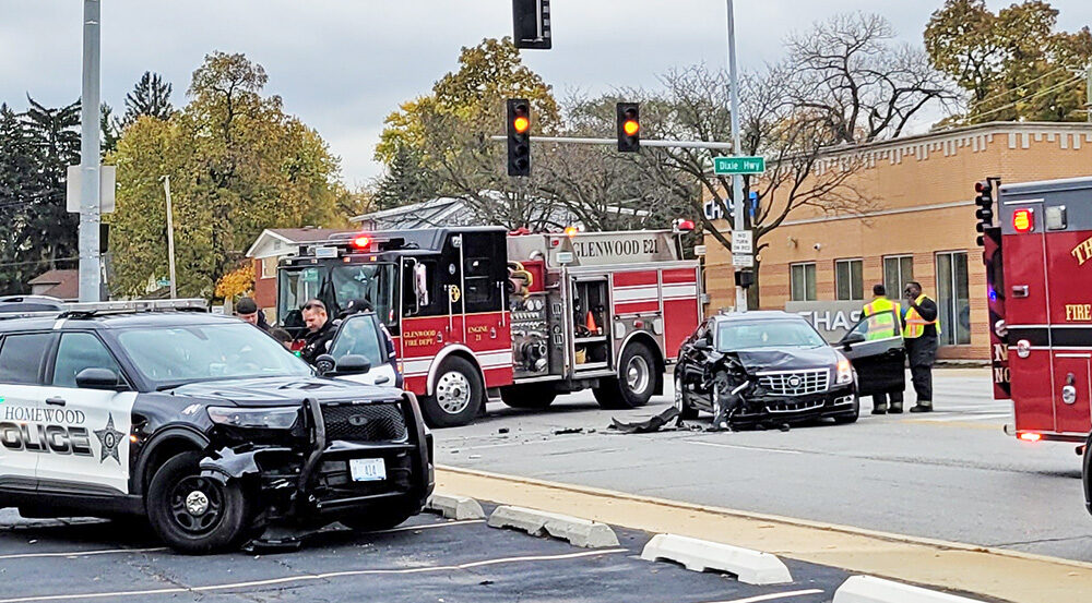 Two drivers, including a Homewood police officer, suffered minor injuries in a collision at 183rd Street and Dixie Highway on Saturday, Nov. 8. (Eric Crump/H-F Chronicle)