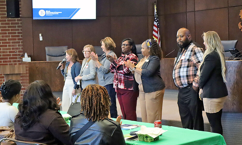 Flossmoor Mayor Michelle Nelson speaks with attendees during the Connecting HER to Illinois Business Resources-Chicago Southland luncheon at Flossmoor Village Hall on Oct. 28. (Provided photo)