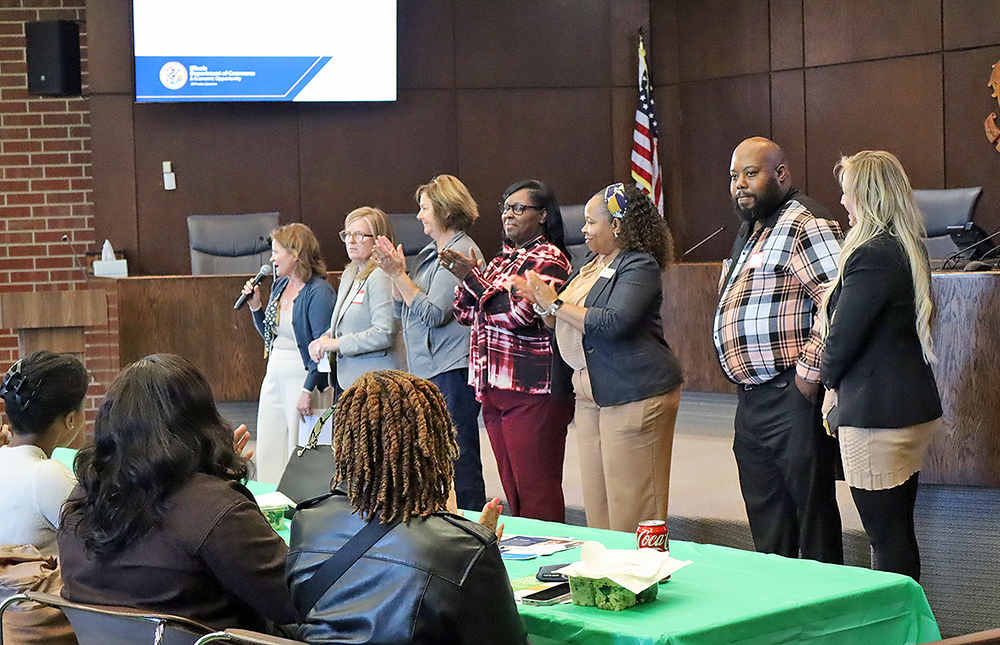 Flossmoor Mayor Michelle Nelson speaks with attendees during the Connecting HER to Illinois Business Resources-Chicago Southland luncheon at Flossmoor Village Hall on Oct. 28. (Provided photo)