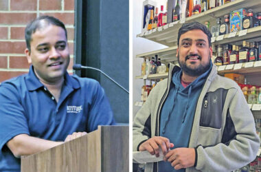LEFT: Ronakkumar Patel explains his plans for the Flossmoor's first independent liquor store during the village board meeting on Aug. 18, 2025. RIGHT: Jay Patel works the counter at the new Flossmoor Liquors at 19870 Kedzie Ave. (Eric Crump/H-F Chronicle)