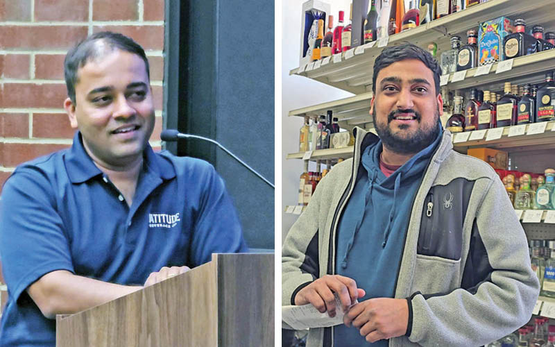 LEFT: Ronakkumar Patel explains his plans for the Flossmoor's first independent liquor store during the village board meeting on Aug. 18, 2025. RIGHT: Jay Patel works the counter at the new Flossmoor Liquors at 19870 Kedzie Ave. (Eric Crump/H-F Chronicle)