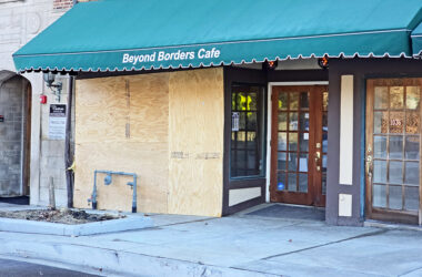 Beyond Borders Cafe at 1036 Sterling Ave. in Flossmoor is boarded up Monday afternoon after a vehicle crashed into the shop early in the morning. Police said the driver was seriously hurt but no one was in the shop at the time. (Eric Crump/H-F Chronicle)