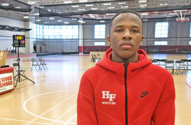 Junior Chazz Robinson is ranked No. 1 in the state at 120 pounds. He earned a technical fall and a pin during H-F's Mega Duals Jan. 17. (David P. Funk/H-F Chronicle)