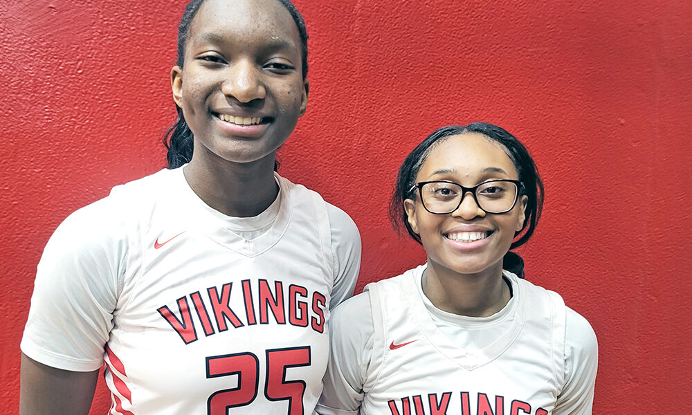 Ihuoma Ozoh (left) and Aunyai Deere celebrated senior night with H-F girls basketball with a conference win. (David P. Funk/H-F Chronicle)