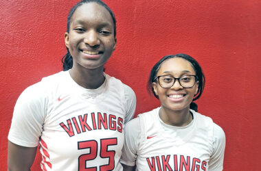 Ihuoma Ozoh (left) and Aunyai Deere celebrated senior night with H-F girls basketball with a conference win. (David P. Funk/H-F Chronicle)