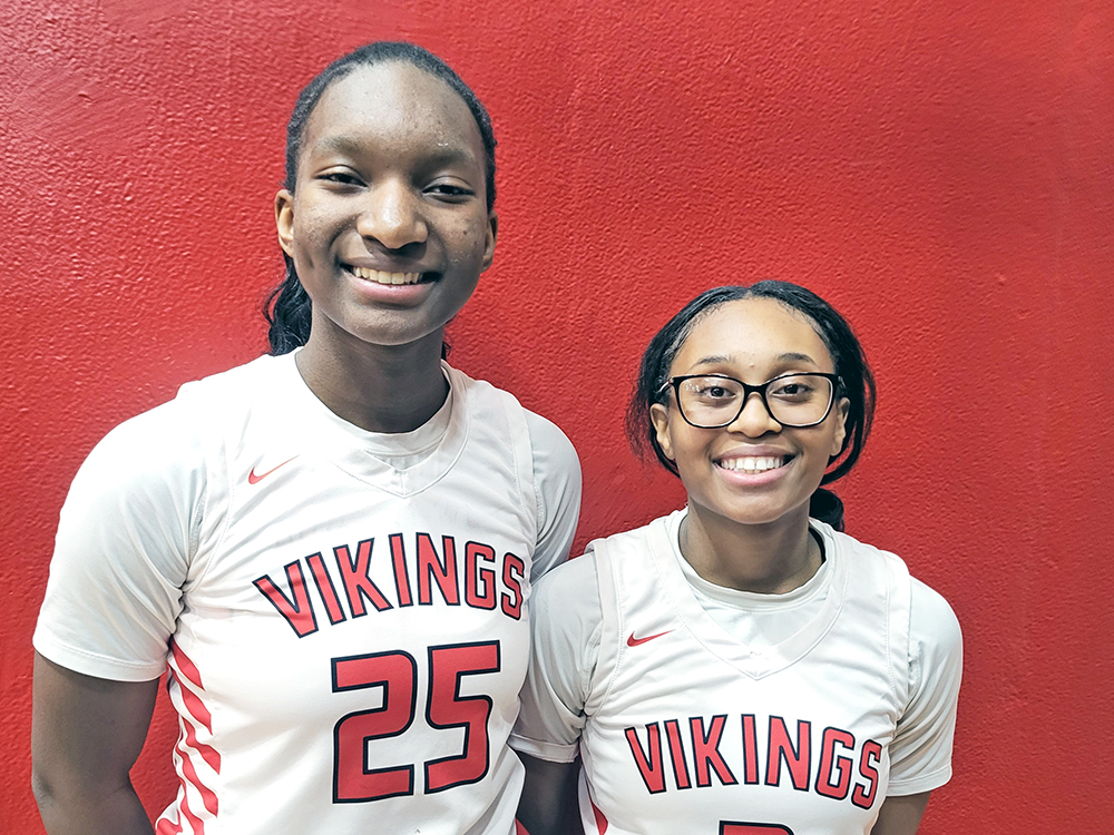 Ihuoma Ozoh (left) and Aunyai Deere celebrated senior night with H-F girls basketball with a conference win. (David P. Funk/H-F Chronicle)