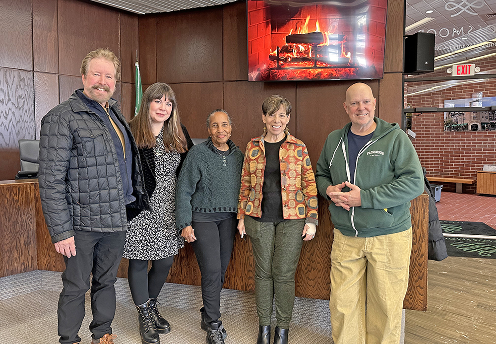From left, Flossmoor Public Art Commission members Michael Cheney, Jodi Lawrence, Leona Calvin, Chair Nancy Burrows and Jeff Stevenson. Not pictured, members of the art commission are Charlene Gordon and Erik O'Brien. (Jon Bannister/H-F Chronicle)