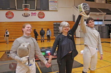 From left, Nikolai Lawrence of H-F High, Marian Head Fencing Coach Ann Jones, and Marian senior Elijah Wagner after the "Family Feud Match" on Jan. 17. (Provided Photo).