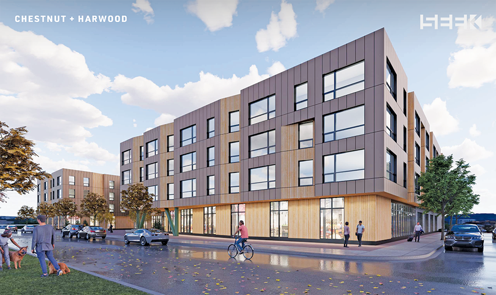 The Far South Community Development Corporation proposes a four-story mixed-use building with 72 apartments and commercial space for a grocer for the village hall parking lot site. (Provided image)