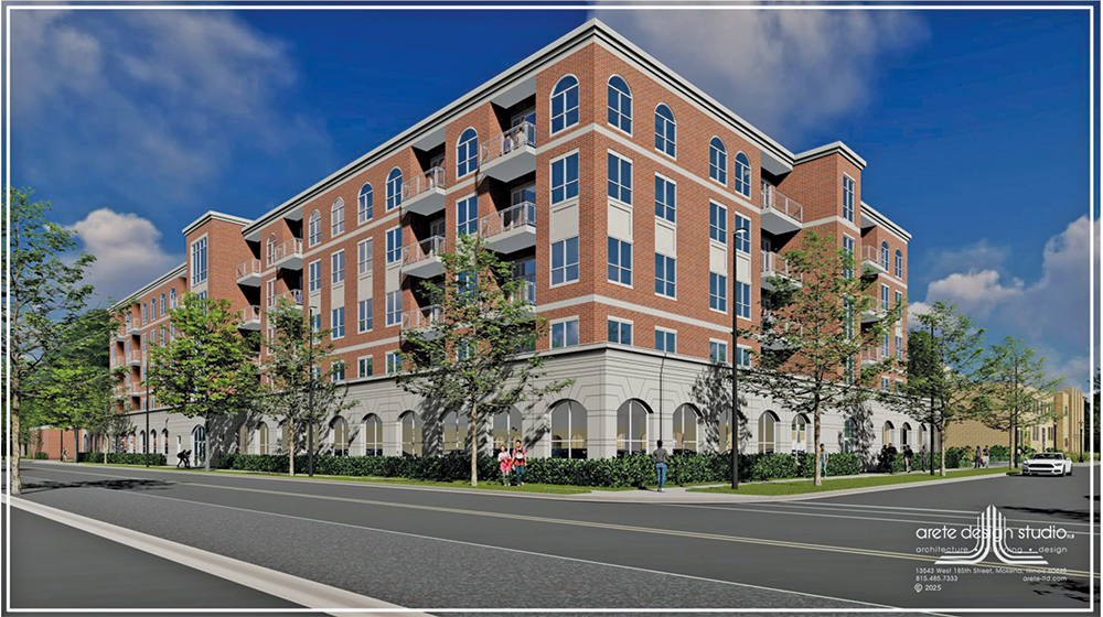 The Granite proposal for redeveloping the Homewood village hall parking lot includes a four-story apartment building with 78 apartments. (Provided image)