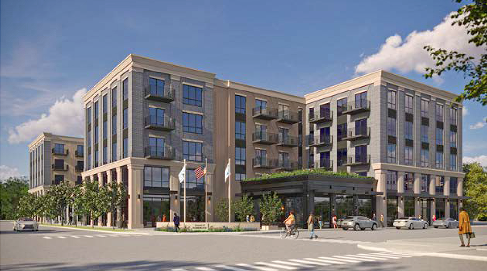 Holladay Properties proposes a five-story building with 110 apartments and 2,000 square feet of commercial space on the village hall parking lot site. (Provided image)