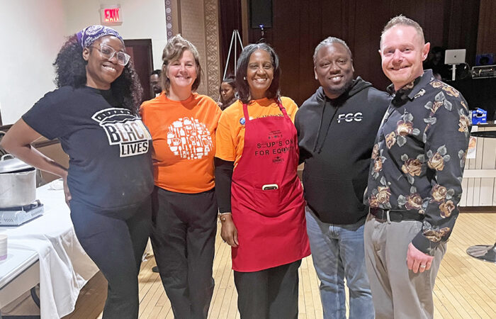 Paris Peebles, from left, Maureen Mader, Phillippa Leon-Thompson, Qadree Holmes and Troy Holmes at Soup's on for Equity. (Nick Ulanowski / H-F Chronicle)