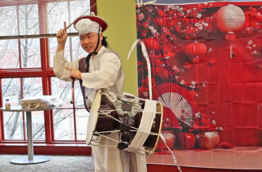 Korean drumming performer Chansoo Lee entertains at the Lunar New Year celebration Saturday, Feb. 14, in Flossmoor Public Library. (Nuha Abdessalam/H-F Chronicle)