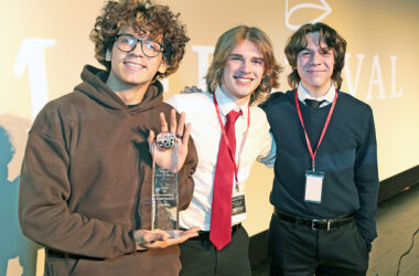Homewood-Flossmoor High School students, from left, Anthony Reynoso, Joseph Klauk and Charles Wachtel were named winners of the 2026 Student Silent Film Festival Jan. 28 for their film “The Silence Between Us.” (Provided photo/James C. Svehla)