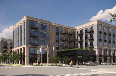 A rendering of the design Holladay Properties proposes to build at 2024 Chestnut, currently the village hall parking lot. (Provided image)