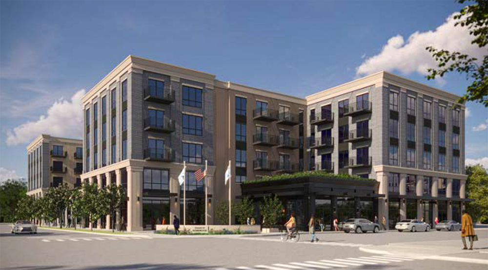 A rendering of the design Holladay Properties proposes to build at 2024 Chestnut, currently the village hall parking lot. (Provided image)