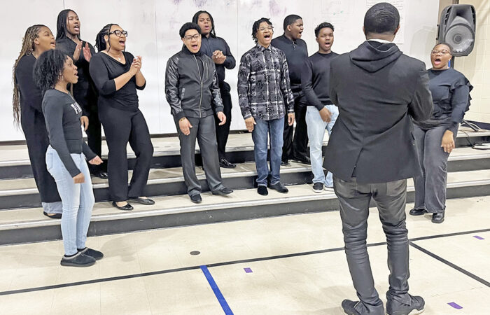 Homewood-Flossmoor High School’s Inspirational Voices choir performs during the Black History Month event at Churchill School on Feb. 26. (Nick Ulanowski H-F Chronicle)