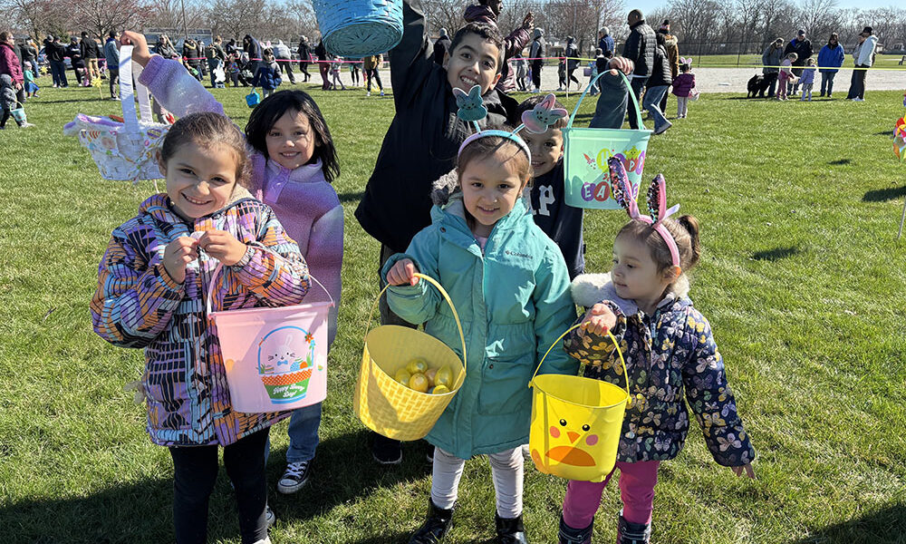 Having fun at the park district's lucky egg hunt are front row, from left, Soliel, Thalia and Jessica Gonzalez and back row, from left, Mia, Jerry and Julian Trejo. (Marilyn Thomas/H-F Chronicle)