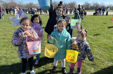 Having fun at the park district's lucky egg hunt are front row, from left, Soliel, Thalia and Jessica Gonzalez and back row, from left, Mia, Jerry and Julian Trejo. (Marilyn Thomas/H-F Chronicle)