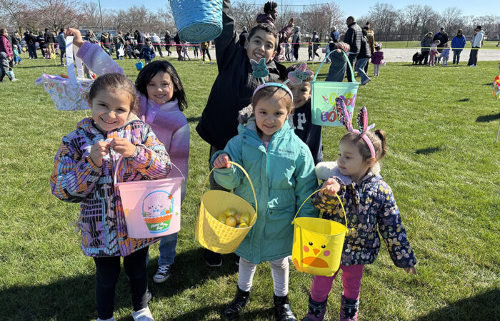 Having fun at the park district's lucky egg hunt are front row, from left, Soliel, Thalia and Jessica Gonzalez and back row, from left, Mia, Jerry and Julian Trejo. (Marilyn Thomas/H-F Chronicle)
