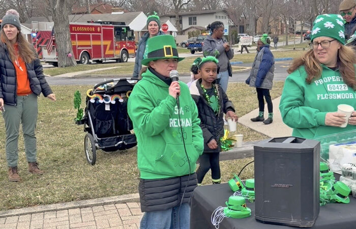 Flossmoor Mayor Michelle Nelson gives a short speech after the St. Patrick's Day Parade. (Nick Ulanowski / H-F Chronicle)
