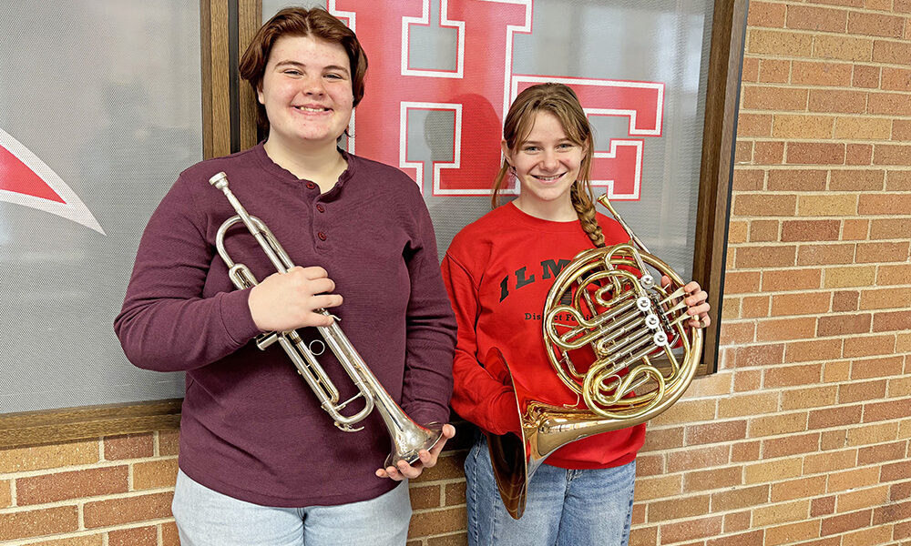 Homewood-Flossmoor High School students trumpeter Annie Ford, left, and French horn player Sophia McManus has been selected to perform in the Illinois Philharmonic Orchestra's Rising Stars concert March 22. (Marilyn Thomas/H-F Chronicle)