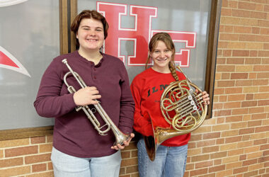 Homewood-Flossmoor High School students trumpeter Annie Ford, left, and French horn player Sophia McManus has been selected to perform in the Illinois Philharmonic Orchestra's Rising Stars concert March 22. (Marilyn Thomas/H-F Chronicle)
