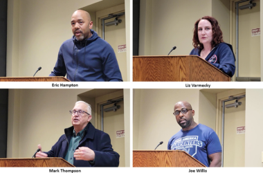 Eric Hampton, Liz Varmecky, Mark Thompson and Joe Willis were among a number of people who spoke on the selection of a company to redevelop two downtown Homewood sites. (Eric Crump/H-F Chronicle)