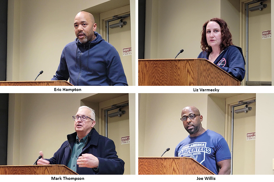 Eric Hampton, Liz Varmecky, Mark Thompson and Joe Willis were among a number of people who spoke on the selection of a company to redevelop two downtown Homewood sites. (Eric Crump/H-F Chronicle)