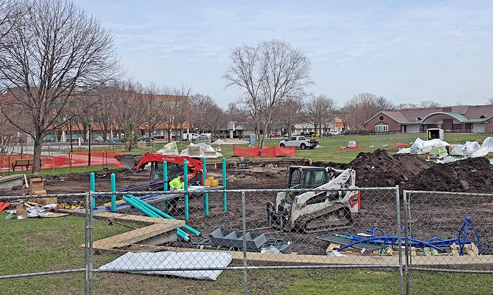 Work continues Wednesday, March 25, on the new playground at Irwin Park, one of the Homewood-Flossmoor Park District's big projects for 2026. (Eric Crump/H-F Chronicle)