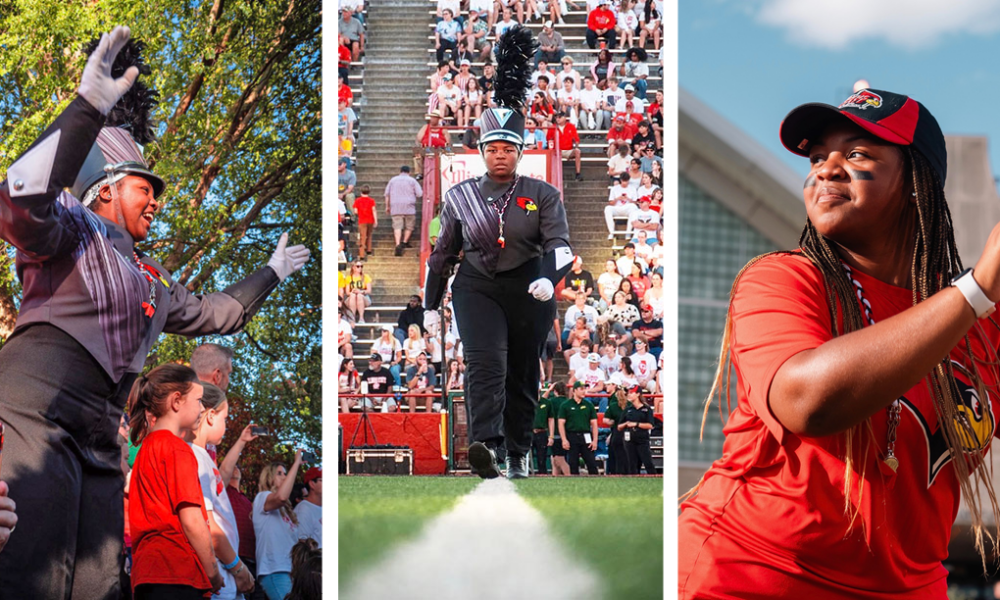 LEFT: Judah Crowder is one of four drum majors at Illinois State University. CENTER: ISU drum major Judah Crowder, in full uniform, is ready to conduct. RIGHT: Judah Crowder is the first Black woman drum major at Illinois State University. (Provided photos)