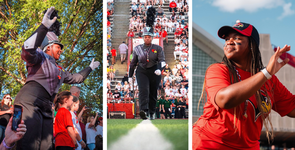 LEFT: Judah Crowder is one of four drum majors at Illinois State University. CENTER: ISU drum major Judah Crowder, in full uniform, is ready to conduct. RIGHT: Judah Crowder is the first Black woman drum major at Illinois State University. (Provided photos)