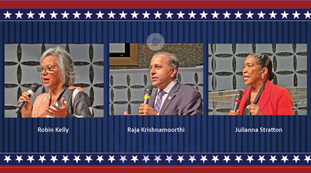 Ten candidates will be on the Democratic Party ballot in the March 17 primary election, but three prominent officeholders have dominated the race so far, including U.S. Rep. Robin Kelly, U.S. Rep. Raja Krishnamoorthi and Lt. Gov. Julianna Stratton. (Eric Crump photos/H-F Chronicle)