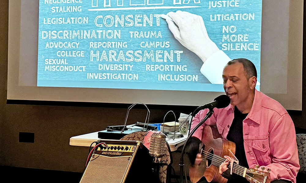 Clarence Goodman performs his one-man show celebrating important moments in the Women’s Movement at the Flossmoor Library on March 25. (Karen Torme Olson)