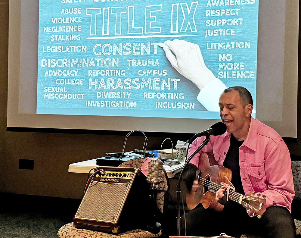Clarence Goodman performs his one-man show celebrating important moments in the Women’s Movement at the Flossmoor Library on March 25. (Karen Torme Olson)