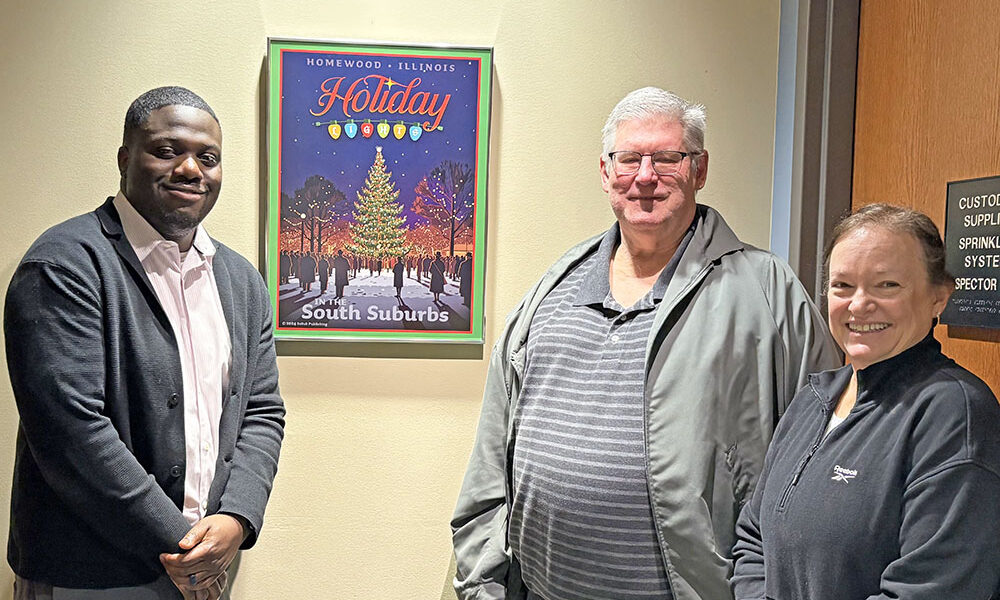 Homewood Assistant Village Manager Terence Acquah, left, with the artist of the Homewood Holiday Lights poster, Terrence Meehan, and Meehan's wife at village hall. (Summer Kiswani/H-F Chronicle)