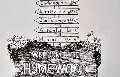 A Homewood directional marker drawn by Elaine Egdorf. (Karen Torme Olson)