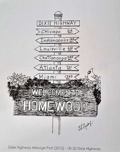 A Homewood directional marker drawn by Elaine Egdorf. (Karen Torme Olson)