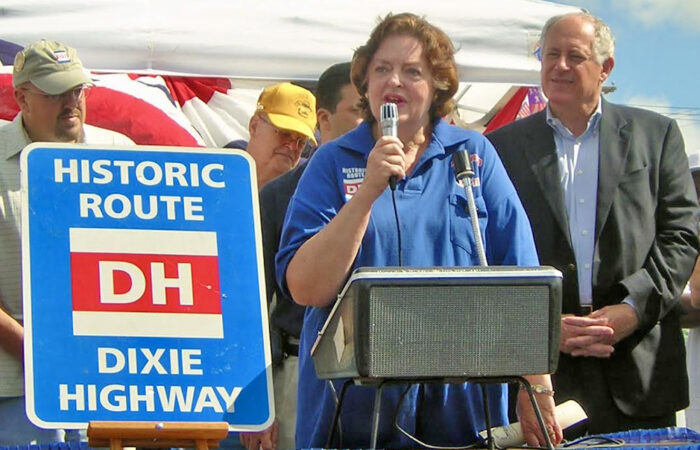 Elaine Egdorf and former Illinois Gov. Pat Quinn kick off the 2007 Drivin’ the Dixie event. Elaine said that Quinn attended three Drivin’ the Dixie events. The DH (Dixie Highway) marker on the left was designed by Egdorf and adopted by the State of Illinois. (Provided photo)